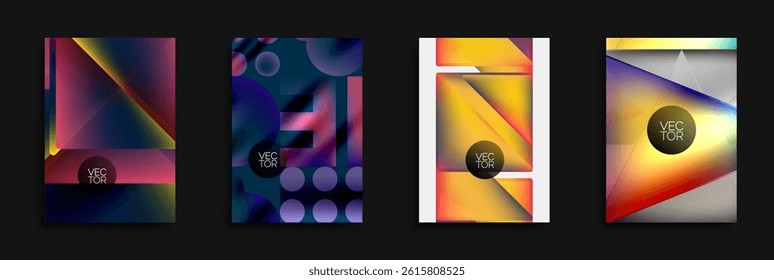 Abstract designs showcase vibrant gradients, geometric shapes, circles, triangles. Modern vector illustrations for backgrounds, posters.