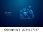 Abstract desktop and jigsaw puzzle on screen. Business solution concept on dark background. Monochrome light blue hologram style. Low poly wireframe vector illustration with connected glowing dots.