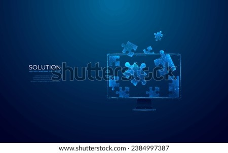 Abstract desktop and jigsaw puzzle on screen. Business solution concept on dark background. Monochrome light blue hologram style. Low poly wireframe vector illustration with connected glowing dots.
