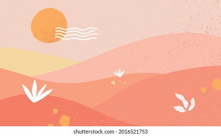 abstract dessert art piece pink sun setting stroke line clouds white grass