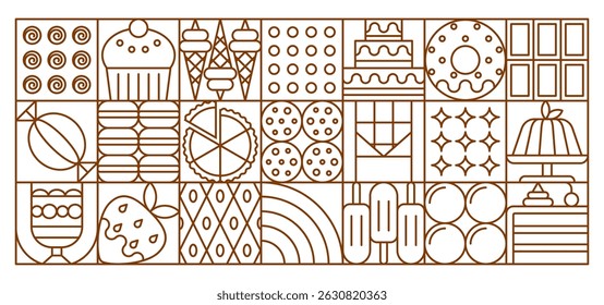 Abstract dessert and chocolate geometric pattern. Vector modular tile background with sweet cupcake, donut, ice cream, cookie, cake and fruit. Linear layout of pastry and candy icons in square outline