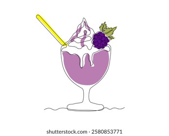 Abstract dessert with cream and blackberry and straw in creamer, ice cream, cocktail. continuous single one line art hand drawing sketch logo