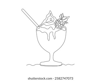 Abstract dessert with cream and blackberry and straw in creamer, ice cream, cocktail. continuous single one line art hand drawing sketch logo