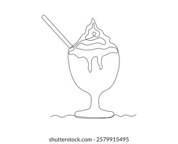 Abstract dessert with cream and straw in creamer, ice cream, cocktail. continuous single one line art hand drawing sketch logo