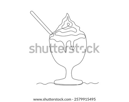 Abstract dessert with cream and straw in creamer, ice cream, cocktail. continuous single one line art hand drawing sketch logo