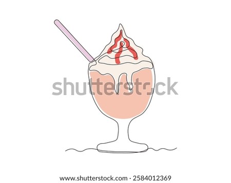 Abstract dessert with cream and straw in creamer, ice cream, cocktail. continuous single one line art hand drawing sketch logo