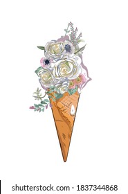 Abstract dessert, an ice-cream, decorated with roses, anemonas and other flowers. Hand drawn vector illustration.