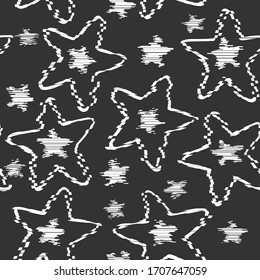 Abstract destroyed stars seamless pattern on black background. Rough star shapes elements wallpaper. Design for fabric, textile print, wrapping paper, childish textiles. Fashion vector illustration.