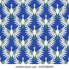 Abstract Detailed Art Deco Elegant Stork Birds Seamless Pattern Perfect for Interior Home Design or Allover Upholstery Fabric Pattern Trendy Fashion Colors Royal Blue Background