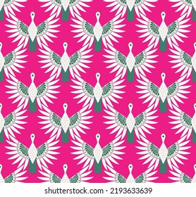 Abstract Detailed Art Deco Elegant Stork Birds Seamless Pattern Perfect for Interior Home Design or Allover Upholstery Fabric Pattern Trendy Fashion Colors Fuchsia Background