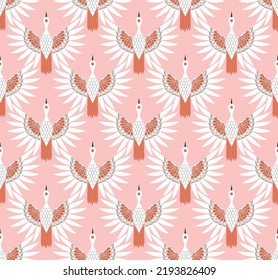 Abstract Detailed Art Deco Elegant Stork Birds Seamless Pattern Perfect for Interior Home Design or Allover Upholstery Fabric Pattern Trendy Fashion Colors Pastel Pink Tones