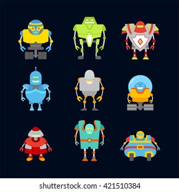 Abstract detailed characters retro robots. Isolated on black background. Vector illustration.