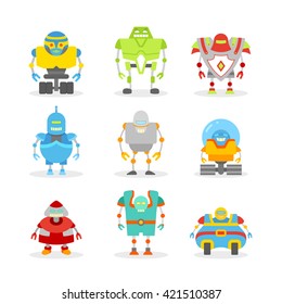 Abstract detailed characters retro robots. Isolated on white background. Vector illustration.