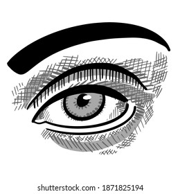 Abstract detailed eye with iris, pupil, lens flare, eyebrow, black and white outline, monochrome vector illustration for collages, compositions, designs.
