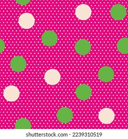 Abstract Detailed Polka Dots Vector Seamless Pattern Trendy Fashion Colors Stylish Minimal Concept Different Sizes Circles Fashionable Textile Perfect for Allover Fabric Print Fuchsia Green Tones