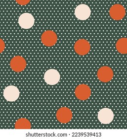 Abstract Detailed Polka Dots Vector Seamless Pattern Trendy Fashion Colors Stylish Minimal Concept Different Sizes Circles Fashionable Textile Perfect for Allover Fabric Print Dark Green Coral Tones