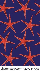 Abstract Detailed Stars Seamless Pattern Starfish Illustration Retro Design Navy Blue Red Tones