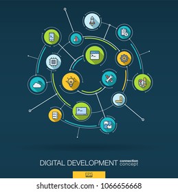 Abstract development, programming background. Digital connect system with integrated circles, flat thin line icons, long shadows. Network interact interface concept. Vector infographic illustration