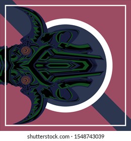 Abstract of a Devil on a dark blue circle on a background of maroon.