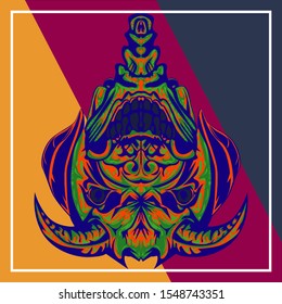 Abstract of a Devil. Pop art of a Devil on a background of orange, maroon and dark blue stripes.