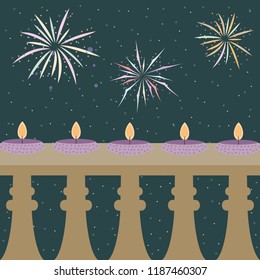 Abstract dewali design with candles on the crossbar and salute on beautiful color background