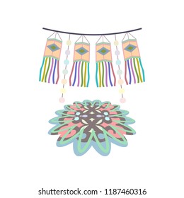 Abstract dewali design with carnival flags on a rope on white background