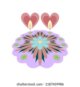 Abstract dewali design with hearts and candles on white background