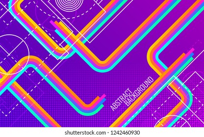 Abstract diagonal background. Bright strips with geometric shapes and white lines. Trendy design with color elements. Futuristic backdrop for flyer, poster, cover, banner. Vector illustration.