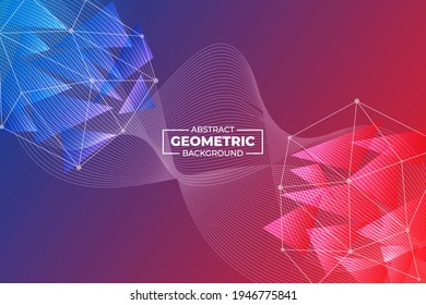 Resumen Triángulo geométrico diagonal y fondo de línea ondulada gradiente azul rojo con puntos conectados
