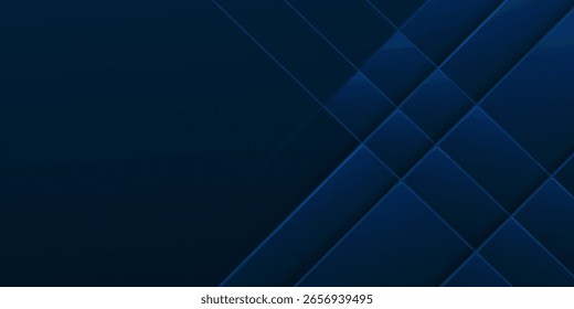 Abstract diagonal glowing lines on dark blue background. Modern banner template design. Overlap blue neon diagonal lines. Technology futuristic concept. Vector illustration