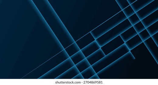 Abstract diagonal glowing lines on dark blue background. Modern banner template design. Overlap blue neon diagonal lines. Technology futuristic concept. Vector illustration