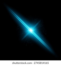 Abstract diagonal light burst. Bright white center with intense glow, thin radiant rays spreading outward, diagonal beam crossing frame, scattered circular particles, dark background, high contrast