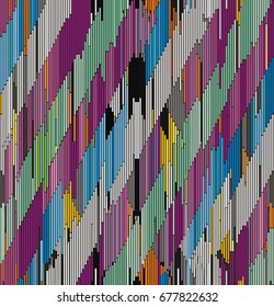Abstract diagonal ornament of strokes in white, blue, light blue, green, gray, light green, purple, yellow and black colors a seamless pattern, multicolor background.