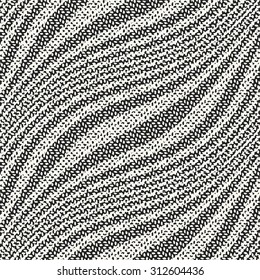 Abstract diagonal ornate wavy stripe in black and white flecks. Seamless pattern.