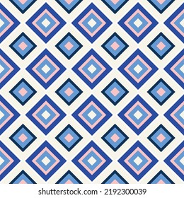 Abstract Diagonal Squares Diamond Shaped Geometric Retro Pattern Trendy Fashion Colors Perfect for Allover Fabric Print or Wrapping Paper Blue Ecru Tones