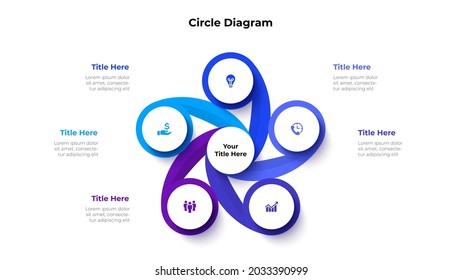 Diagrama abstracto dividido en 5 segmentos. Concepto de cinco opciones de gestión de proyectos empresariales. Ilustración vectorial para la visualización del análisis de datos.