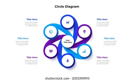 Abstract diagram divided into 6 segments. Concept of six options of business project management. Vector illustration for data analysis visualization.