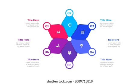 Abstract diagram divided into 6 segments. Concept of six options of business project management. Vector illustration for data analysis visualization.