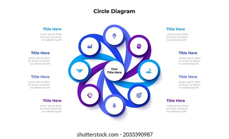Diagrama abstracto dividido en 8 segmentos. Concepto de ocho opciones de gestión de proyectos empresariales. Ilustración vectorial para la visualización del análisis de datos.