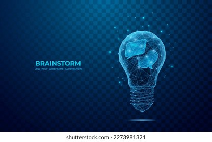 Abstrakte Dialogblase in der digitalen Glühbirne in Polygonen und Linien. Brainstorm oder Innovationskonzept für soziale Medien. Low-Poly-Wireframe 3D-Vektorgrafik. Blaues, modernes Bild auf dunklem Hintergrund