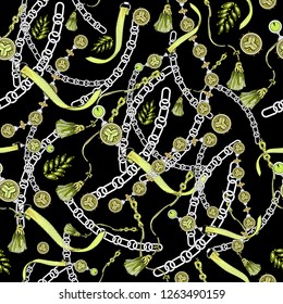  abstract diamond elements, tassel, streps, white chains on dark background, seamless vector illustration, pattern