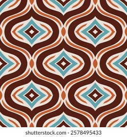 Abstract Diamond Geometric Pattern (Cream, Orange, Brown, Blue) - Repeating Vector Image; Easily Editable; Endless Design; Colorful lIlustration. Print for Gift Paper, Packaging, etc.