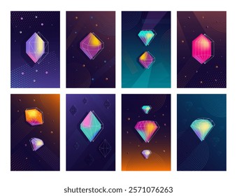 Abstract diamond posters. Geometric polygonal crystal gemstones backgrounds with diamond shapes wireframes. Futuristic jewelry cards vector set.