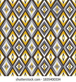 Abstract diamond shaped tribal pattern in modern yellow and gray colors. Vector seamless pattern design for textile, fashion, paper, packaging and branding. 