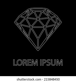Abstract diamond with white border stroke isolated on black background with text lorem ipsum. vector illustration.