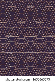 Abstract diamonds geometric lines seamless pattern. Shining  brilliant rock golden edge . Vector triangular grid.