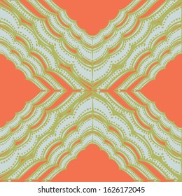 Abstract diamonds in green blue and orange decorate this seamless pattern. 