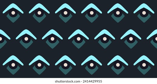 Abstract diamonds pattern square shapes geometric motif mystical background. Stylized eyes symbol ornamental tiles modern lux fabric design textile swatch ladies dress, man shirt all over print block.