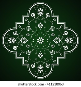Abstract die cut floral pattern. Vintage cutout fretwork oriental background. Laser cut pattern illustration. Ornate ornamental panel. Paper cutting silhouette ornament isolated on green background