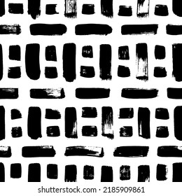 Abstract different brush strokes background. Vector seamless pattern with vertical and horizontal short lines. Geometric ornament in tribal or ethnic style. Hand drawn black straight brush strokes.